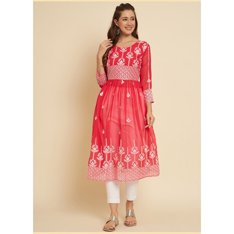 Orange Georgette Chikankari Long Kurti - JD986588427