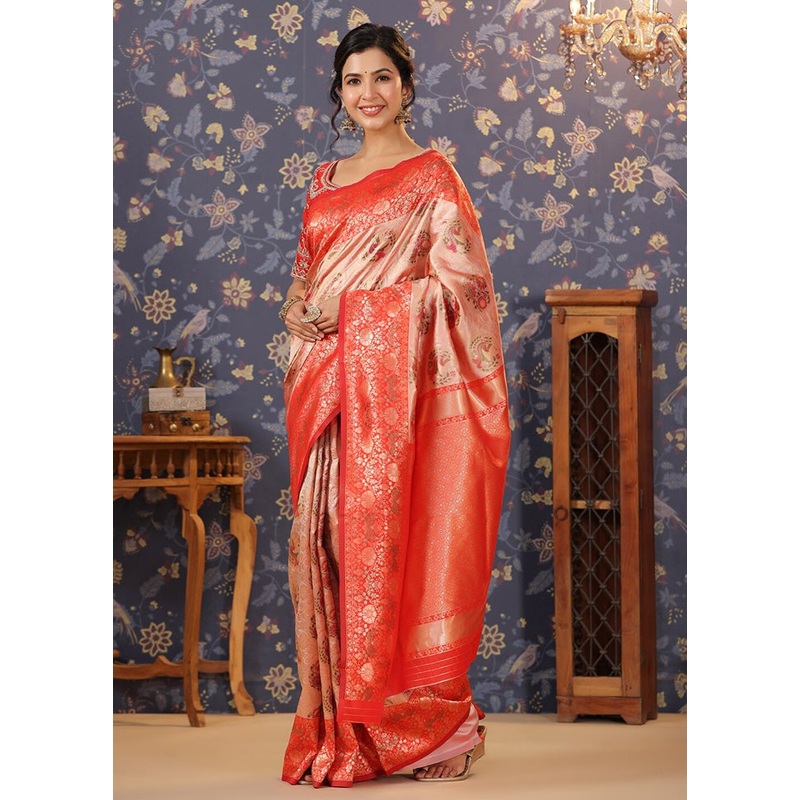 Peach Dupion Silk Saree With Blouse Piece - JD986588283