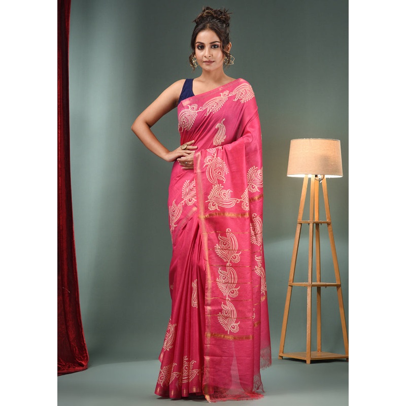 Pink Dupion Silk Saree With Blouse Piece - JD986588271