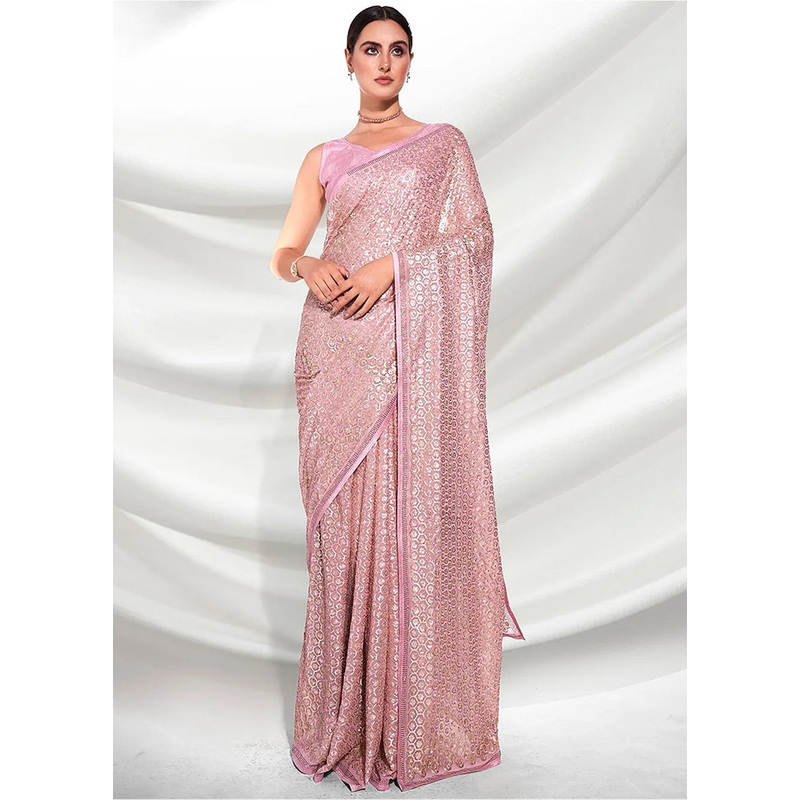 Pink Georgette Saree With Blouse Piece - JD986588268