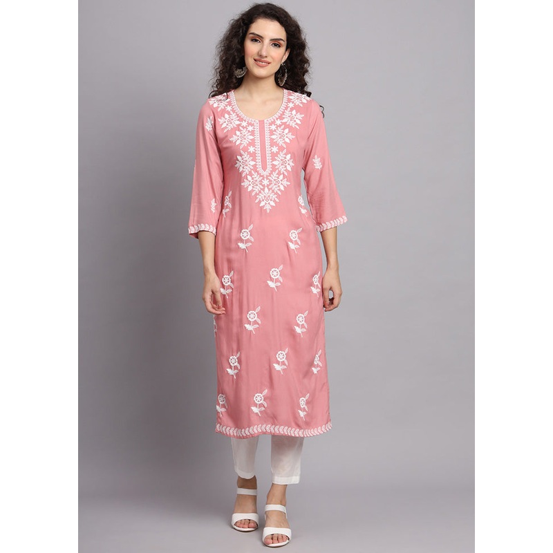 Pink Readymade Rayon Chikankari Long Kurti - JD986588446