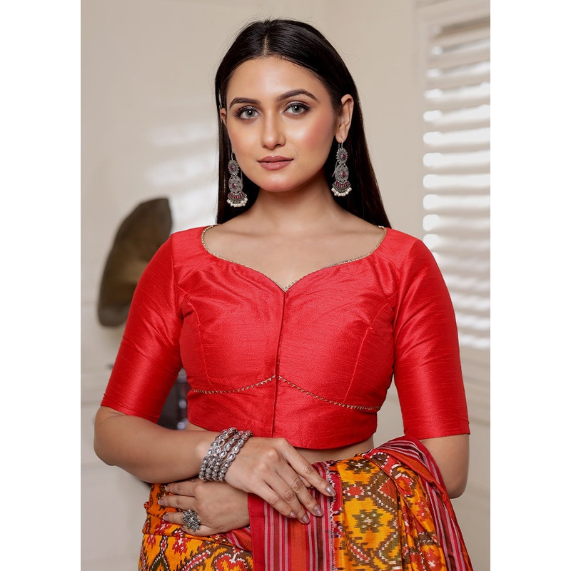 Red Dupion Silk Designer Blouse - JD986588393