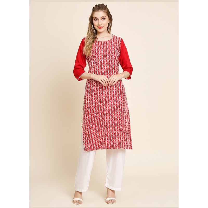 Red Readymade Georgette Chikankari Long Kurti - JD986588419