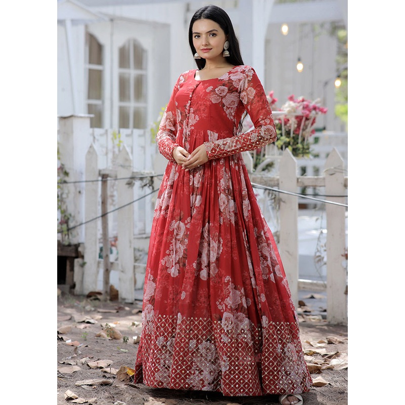 Red Readymade Georgette Gown - JD986588431