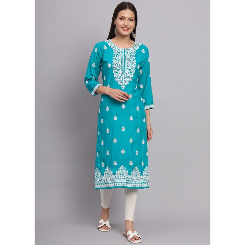 Sky Blue Readymade Rayon Chikankari Long Kurti - JD986588443