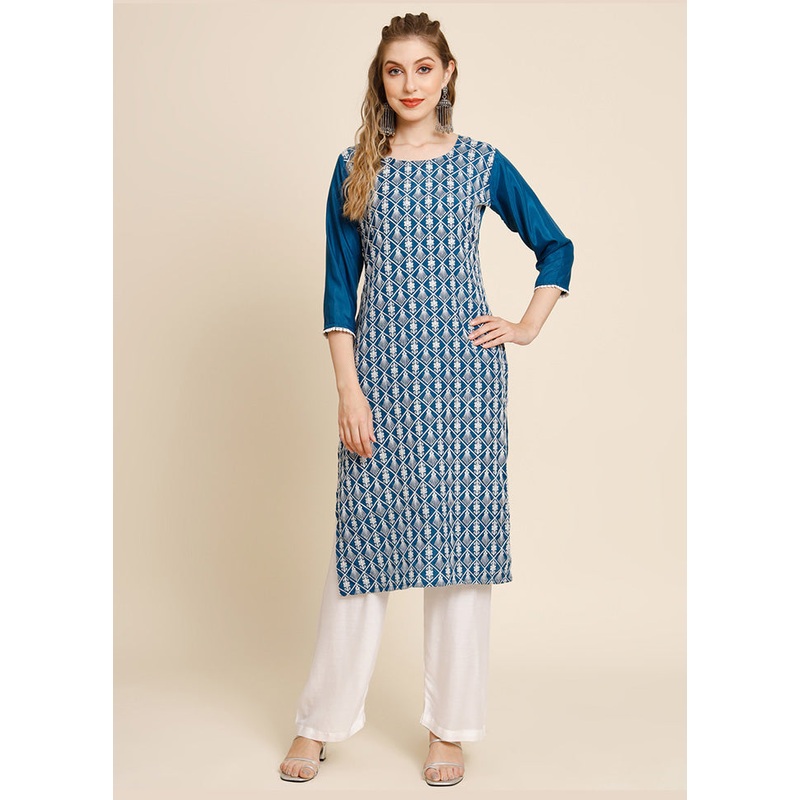 Teal Blue Readymade Georgette Chikankari Long Kurti - JD986588423