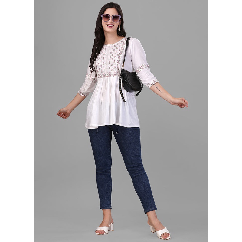 White Foil Print Readymade Top - JD986588415