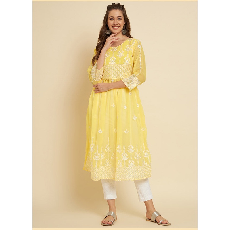 Yellow Georgette Chikankari Long Kurti - JD986588425