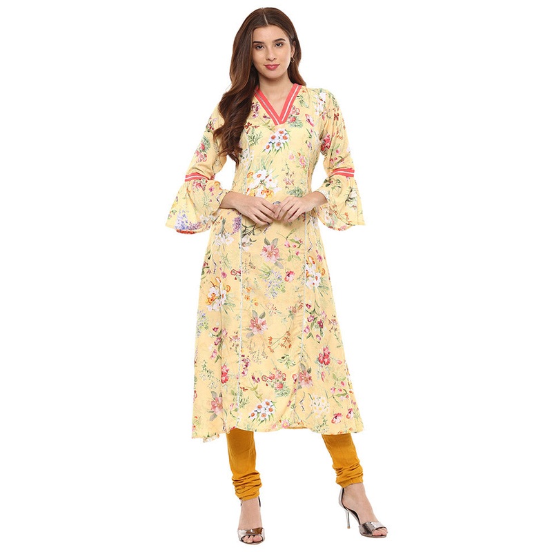 Yellow Readymade Printed Kurti - JD986588411