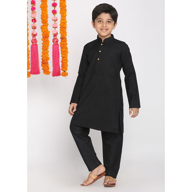 Black Festive Silk Kurta Pajama Set - JD986588203