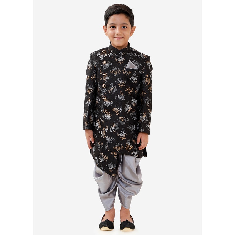 Black Festive Silk Kurta Pajama Set - JD986588204