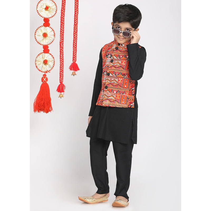 Black Silk Kurta Pajama Set With Jacket - JD986588190