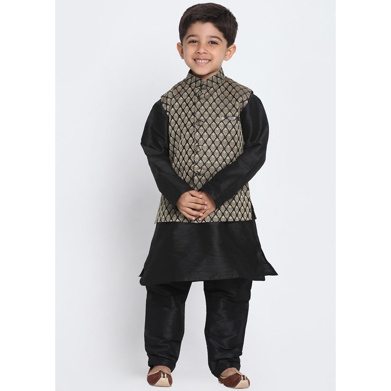 Black Silk Kurta Pajama Set With Jacket - JD986588191