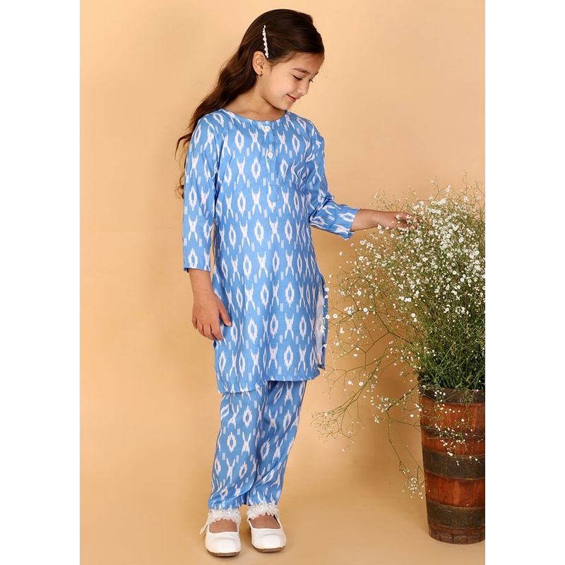 Blue Cotton Linen Ikkat Cultural Kurta And Straight Pant Set - JD986588184