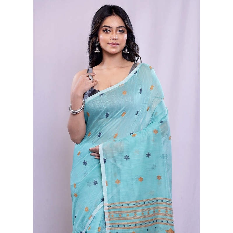 Blue Cotton Saree With Blouse Piece - JD986588231