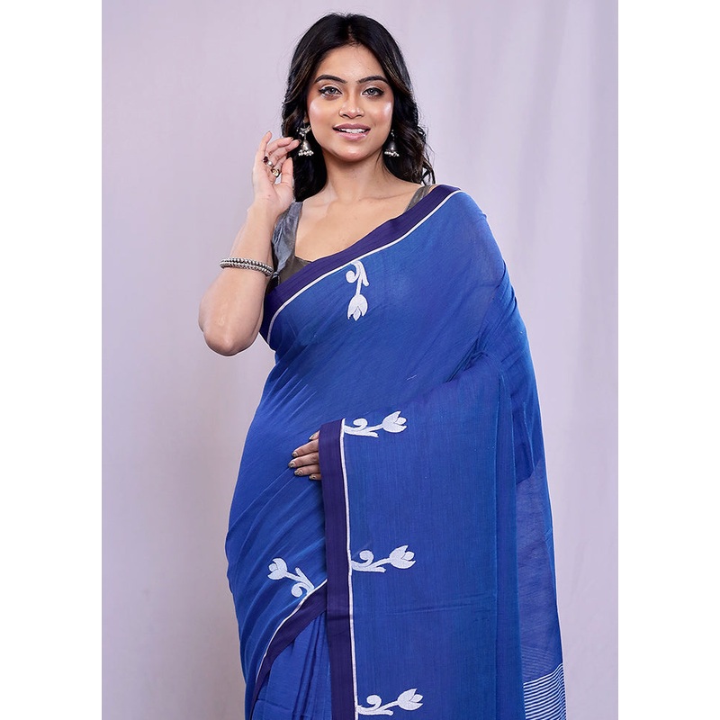 Blue Cotton Saree With Blouse Piece - JD986588235