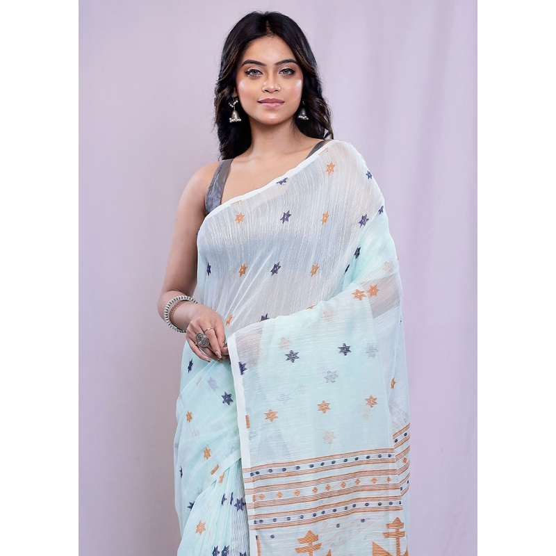 Blue Cotton Saree With Blouse Piece - JD986588236