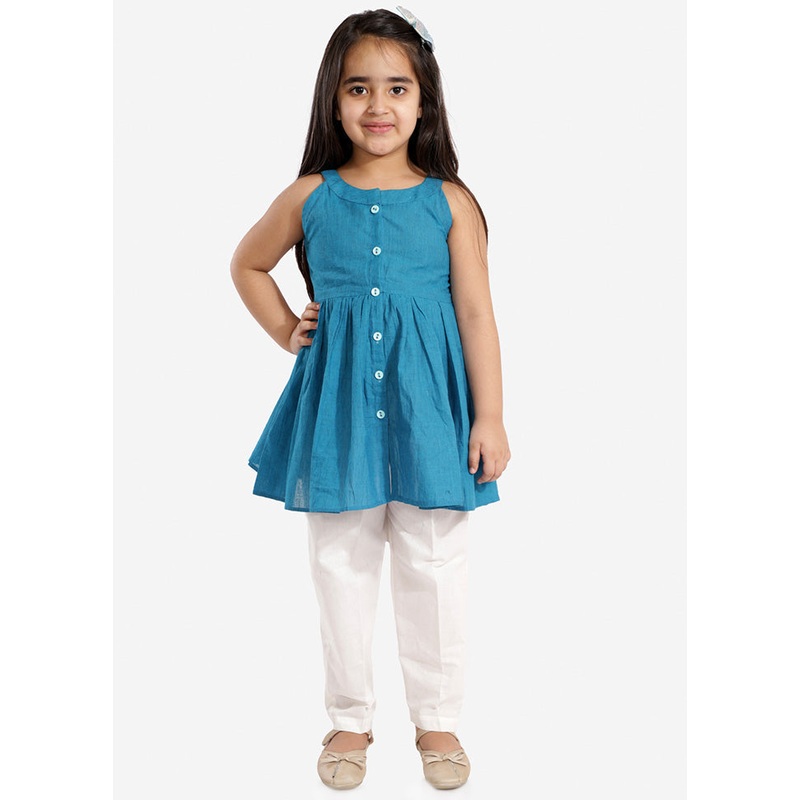 Blue Pure Handloom Cotton Fabric Short Kurta With Straight Pants - JD986588167