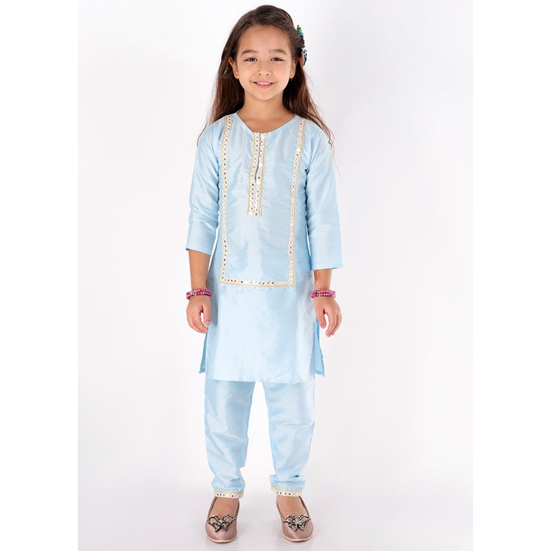 Blue Viscose Fabric Mirror Work Kurta And Pant Set - JD986588158