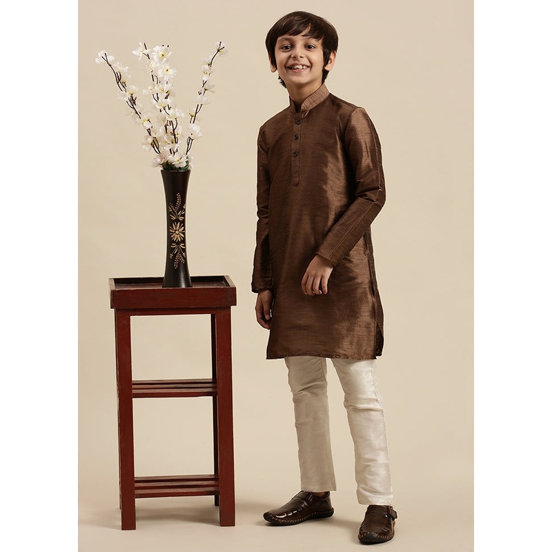 Brown Silk Solid Kurta - JD986588154