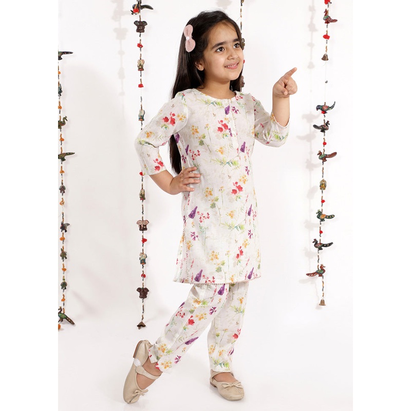Cream Cotton Linen Printed Floral Kurta And Straight Pant Set - JD986588152