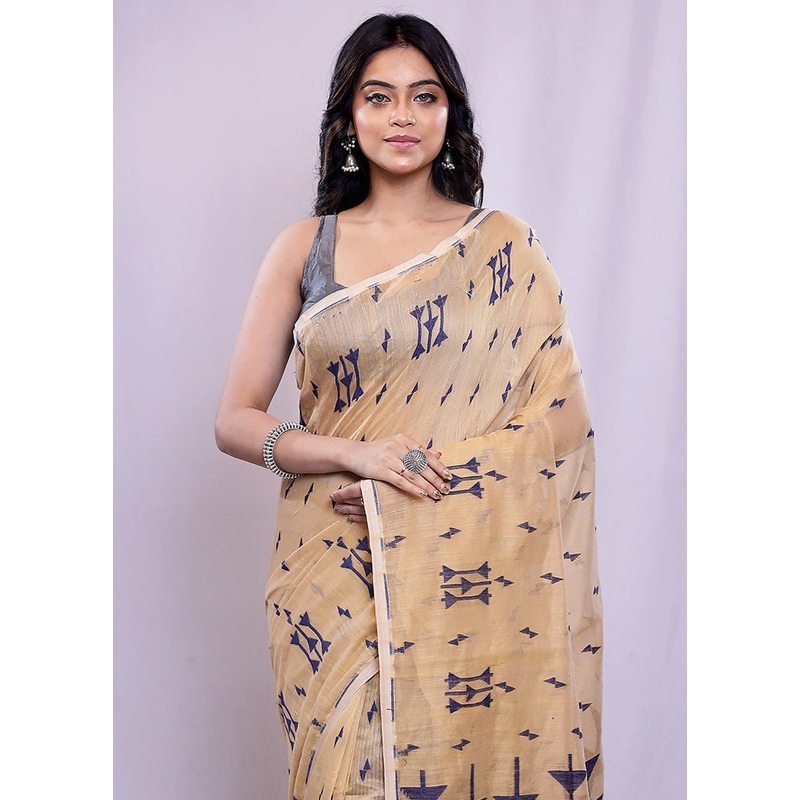 Cream Cotton Saree With Blouse Piece - JD986588232