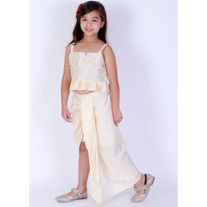 Cream Embroidered Silk Crop Top With Draped Skirt - JD986588151