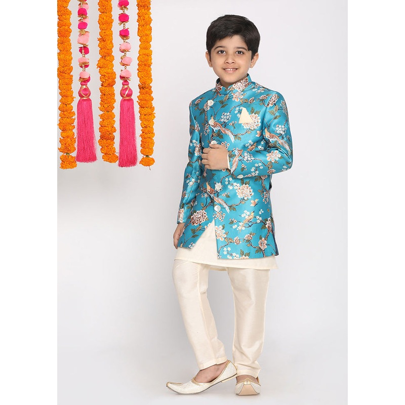 Cream Festive Silk Kurta Pajama Set - JD986588146