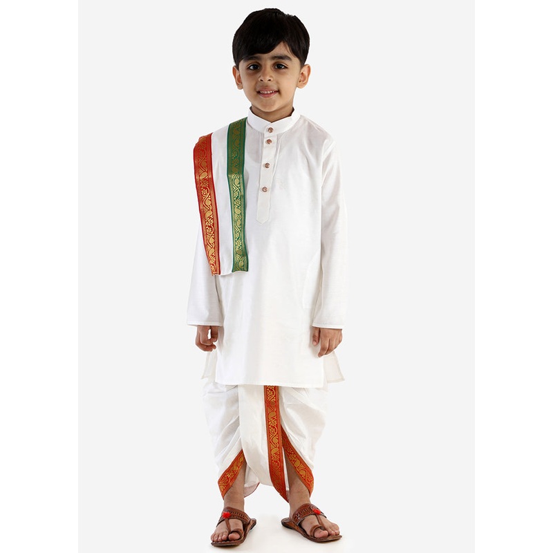 Cream Festive Silk Kurta Pajama Set - JD986588148