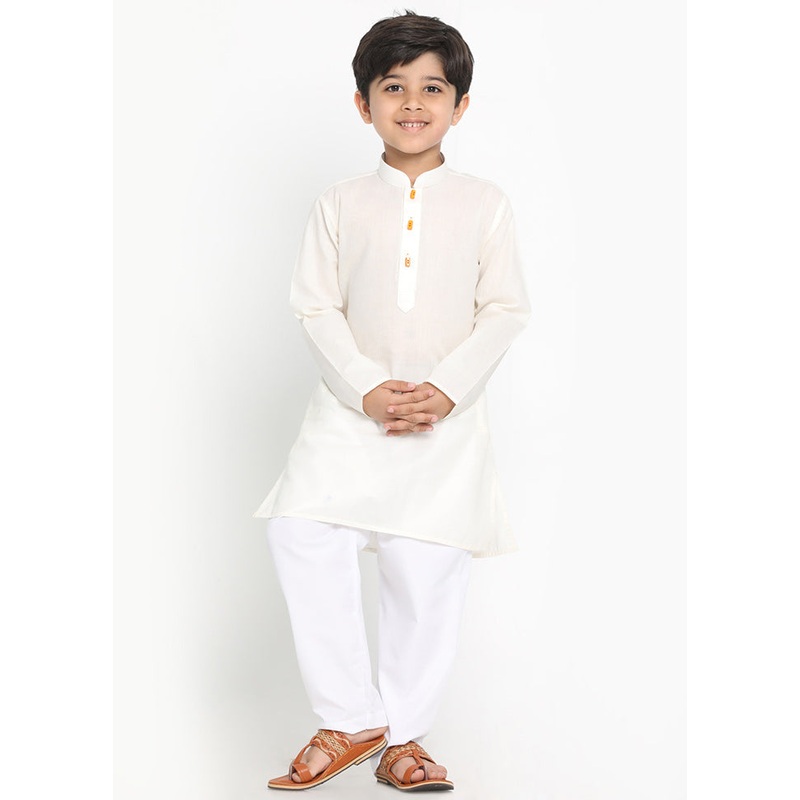 Cream Festive Silk Kurta Pajama Set - JD986588149