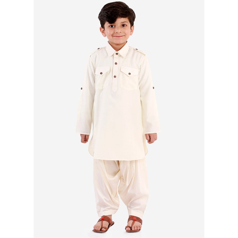 Cream Festive Silk Kurta Pajama Set - JD986588150