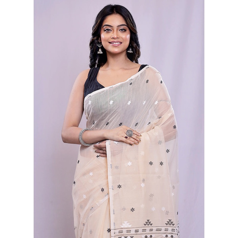 Cream Tant Jamdani  Saree Without Blouse Piece - JD986588233