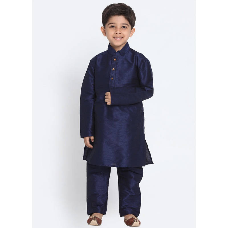 Dark Blue Festive Silk Kurta Pajama Set - JD986588130