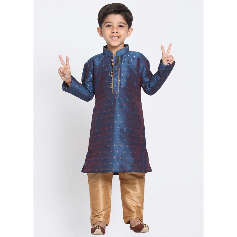 Dark Blue Festive Silk Kurta Pajama Set - JD986588131