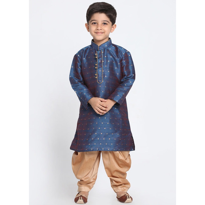 Dark Blue Festive Silk Kurta Pajama Set - JD986588132
