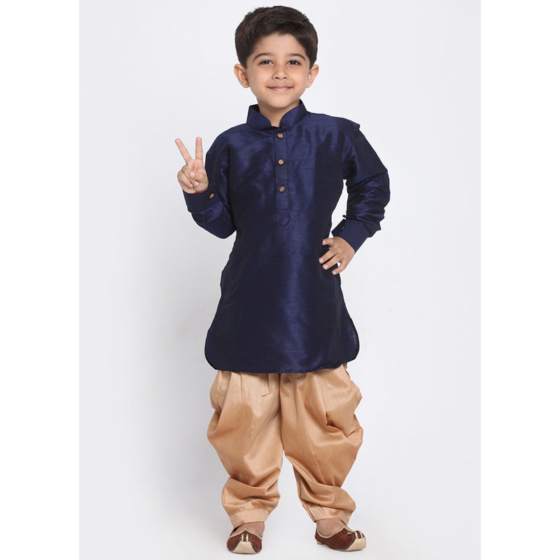 Dark Blue Festive Silk Kurta Pajama Set - JD986588133