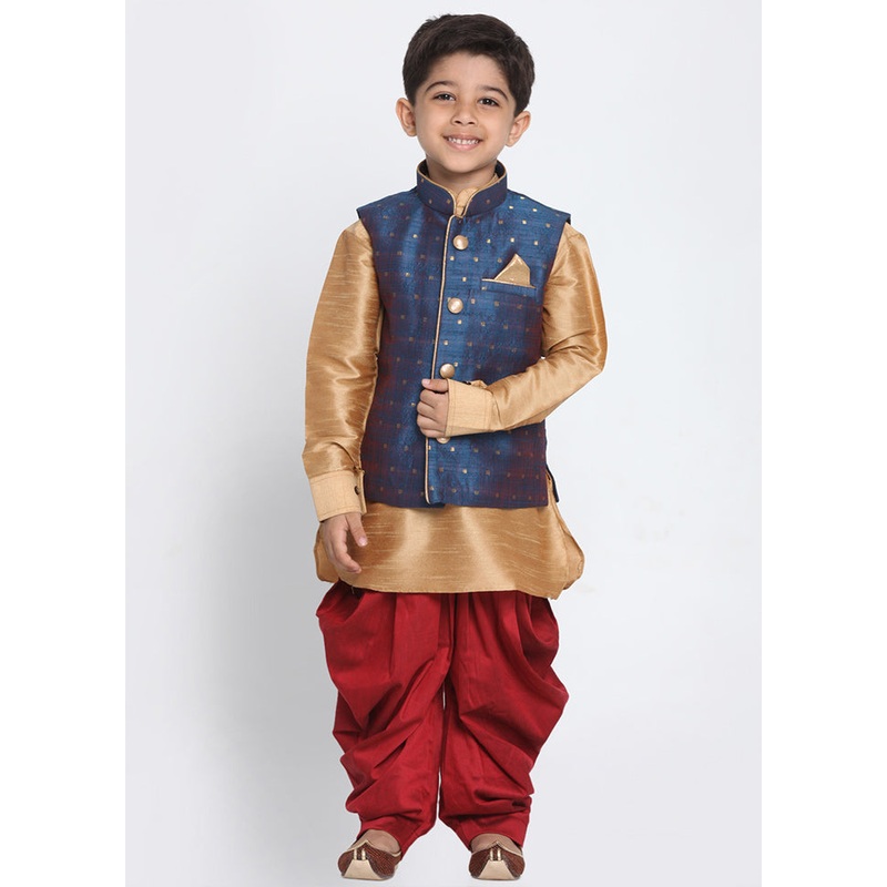 Dark Blue Silk Kurta Pajama Set With Jacket - JD986588126