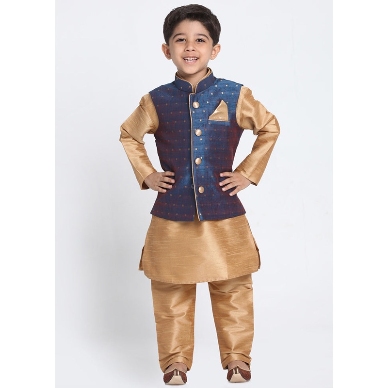 Dark Blue Silk Kurta Pajama Set With Jacket - JD986588127