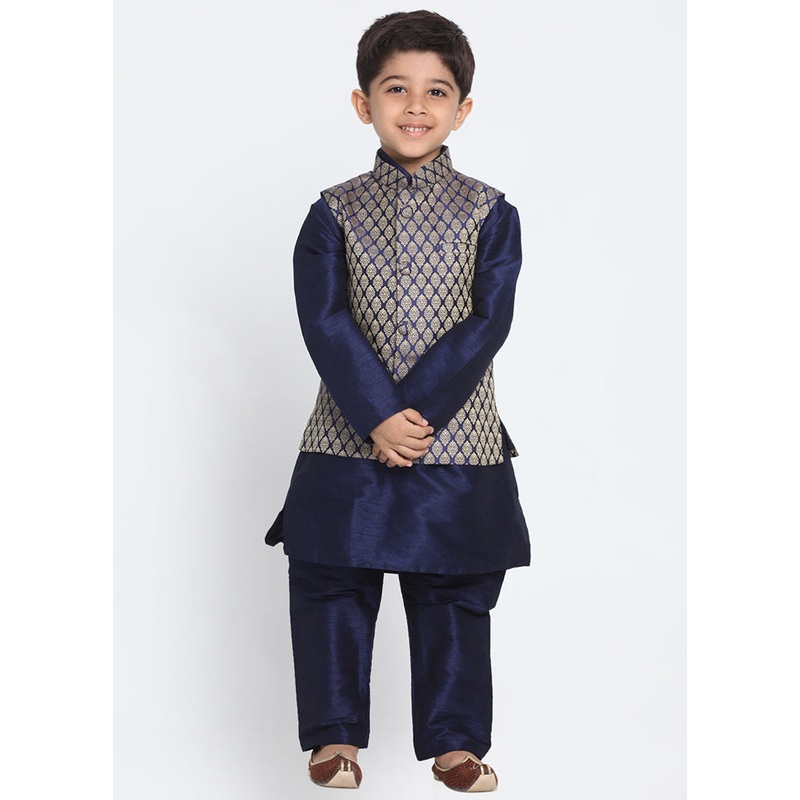Dark Blue Silk Kurta Pajama Set With Jacket - JD986588128