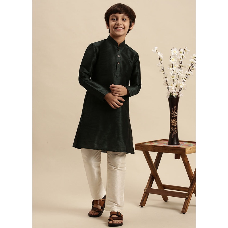 Dark Green Silk Solid Kurta - JD986588125
