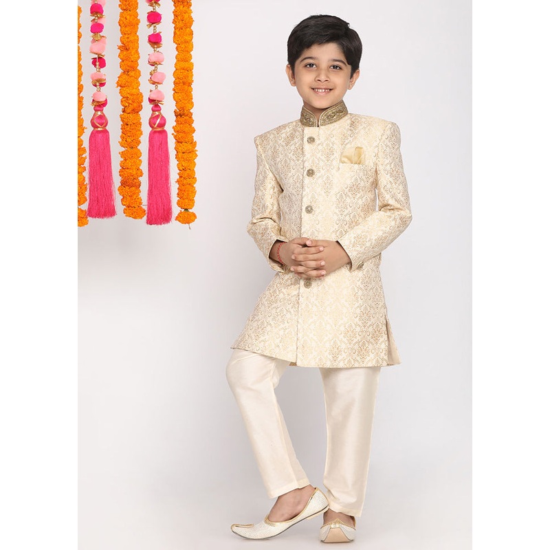Gold Festive Silk Kurta Pajama Set - JD986588117