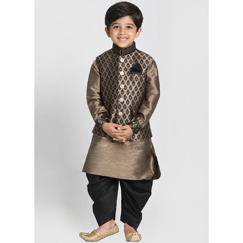 Gold Silk Kurta Pajama Set With Jacket - JD986588092