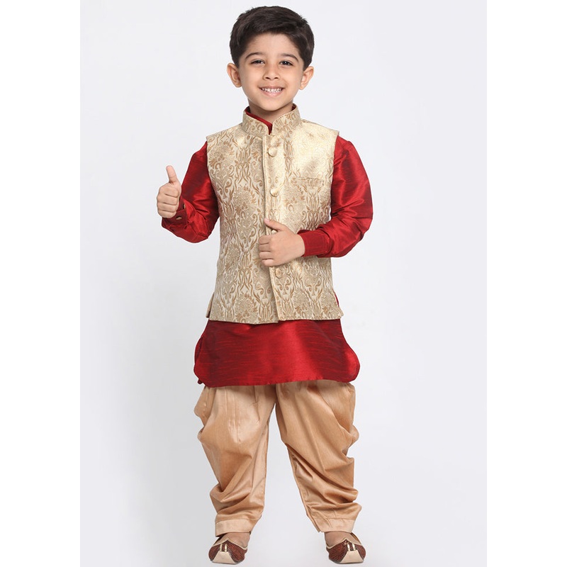 Gold Silk Kurta Pajama Set With Jacket - JD986588097
