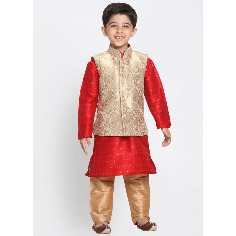 Gold Silk Kurta Pajama Set With Jacket - JD986588099