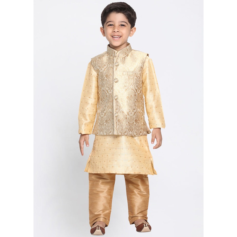Gold Silk Kurta Pajama Set With Jacket - JD986588100