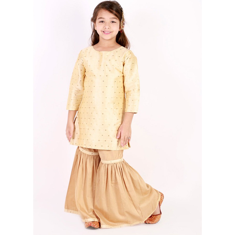 Gold Zari Buta Self Design Kurta With Sharara - JD986588090