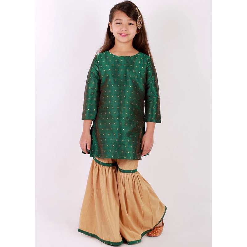 Green And Gold Zari Buta Self Design Kurta With Sharara - JD986588089