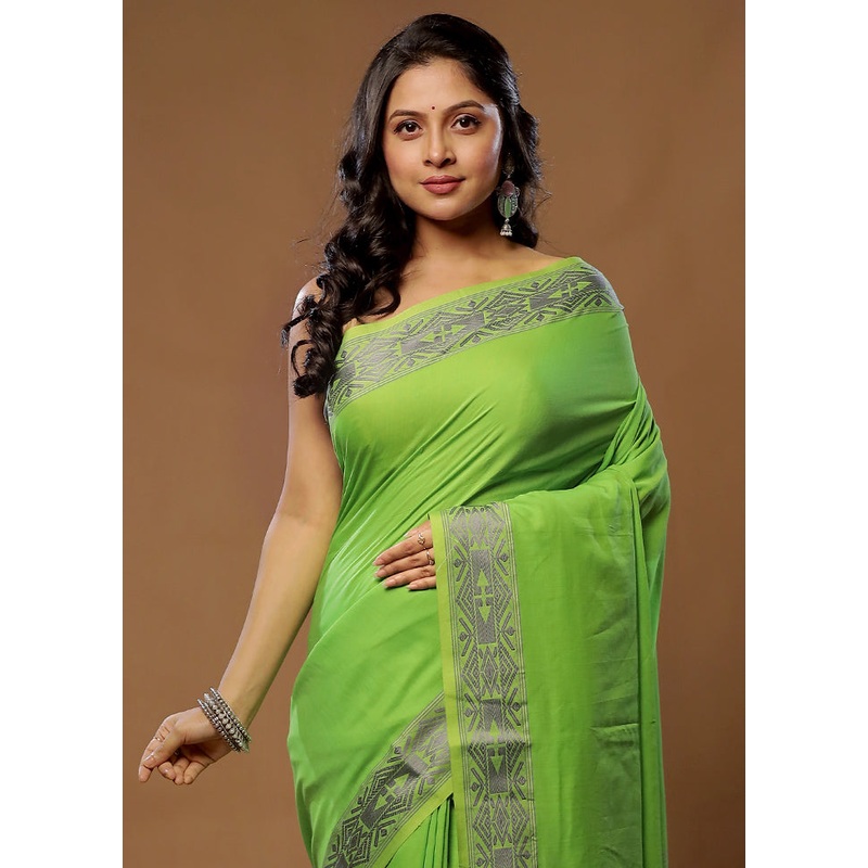 Green Cotton Saree With Blouse Piece - JD986588230