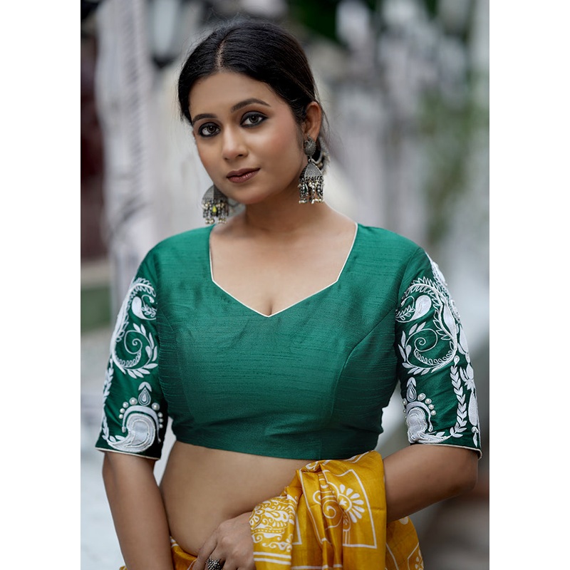 Green Dupion Silk Designer Blouse - JD986588215