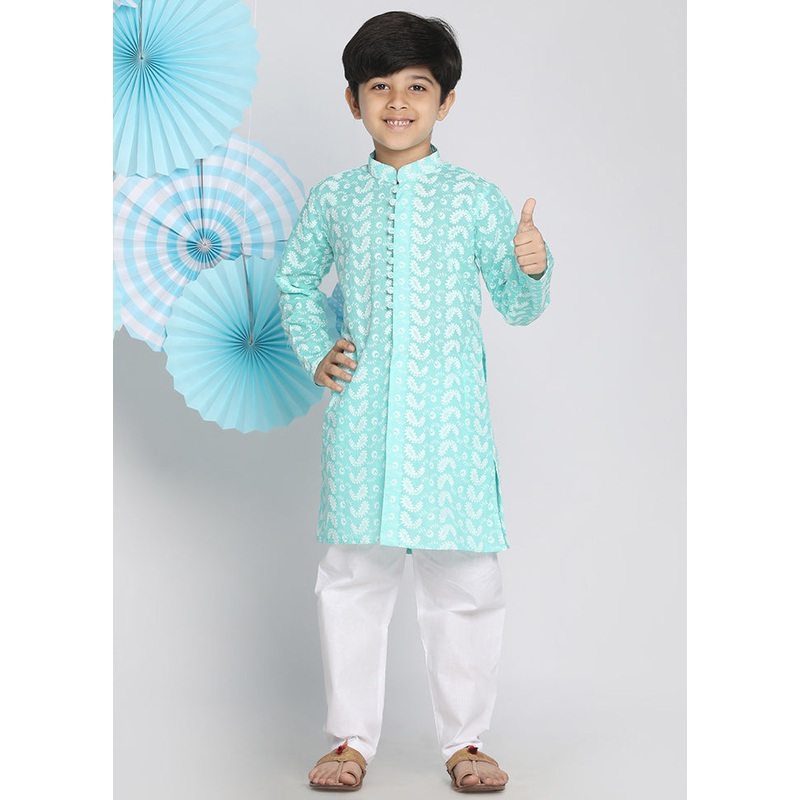 Green Festive Cotton Kurta Pajama Set - JD986588086